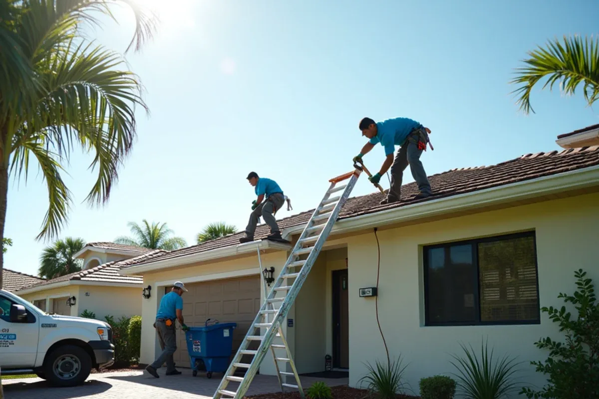 Roof tear-off underway on a house whose gutters were removed the day before