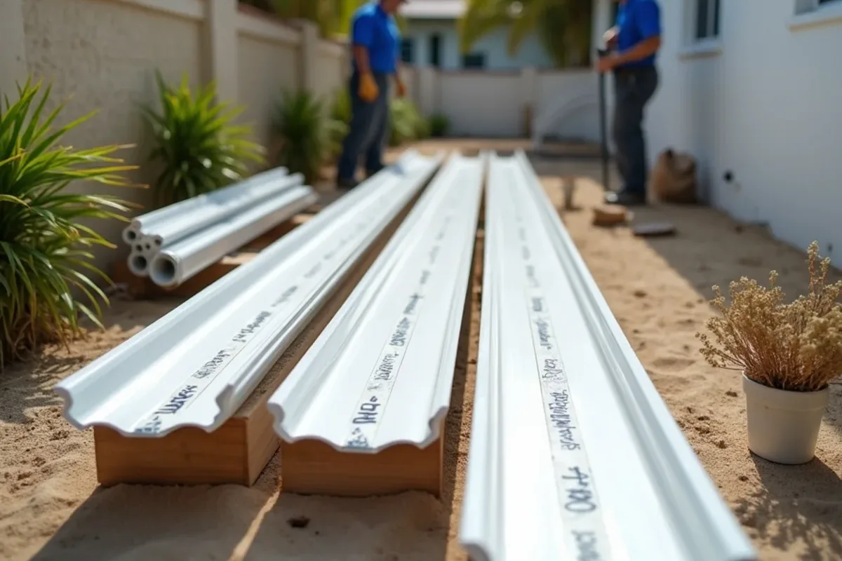 Seamless gutter runs labeled by wall and stored flat in a side yard during a reroof