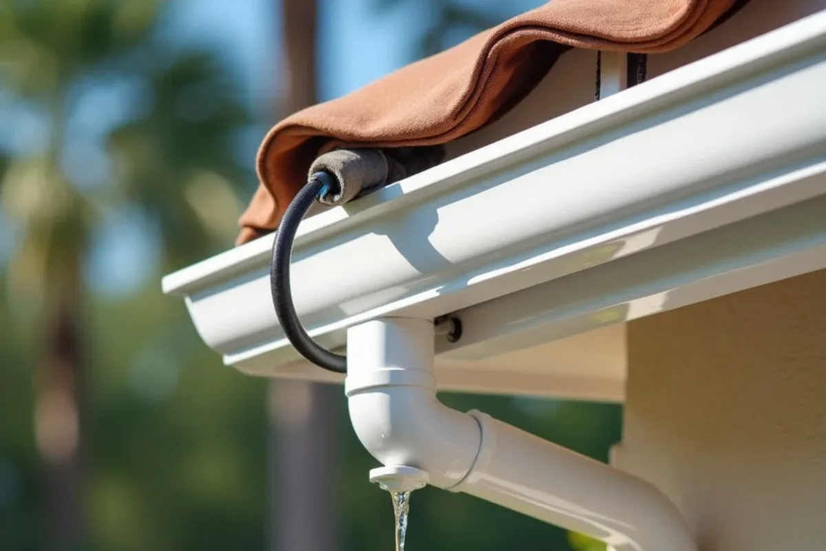 Garden hose test revealing water dripping from a failed seamless gutter corner miter