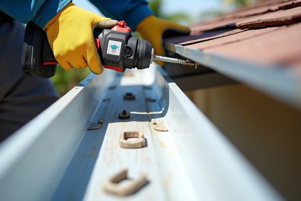 Worker driving a screw through a new hidden gutter hanger into solid wood fascia