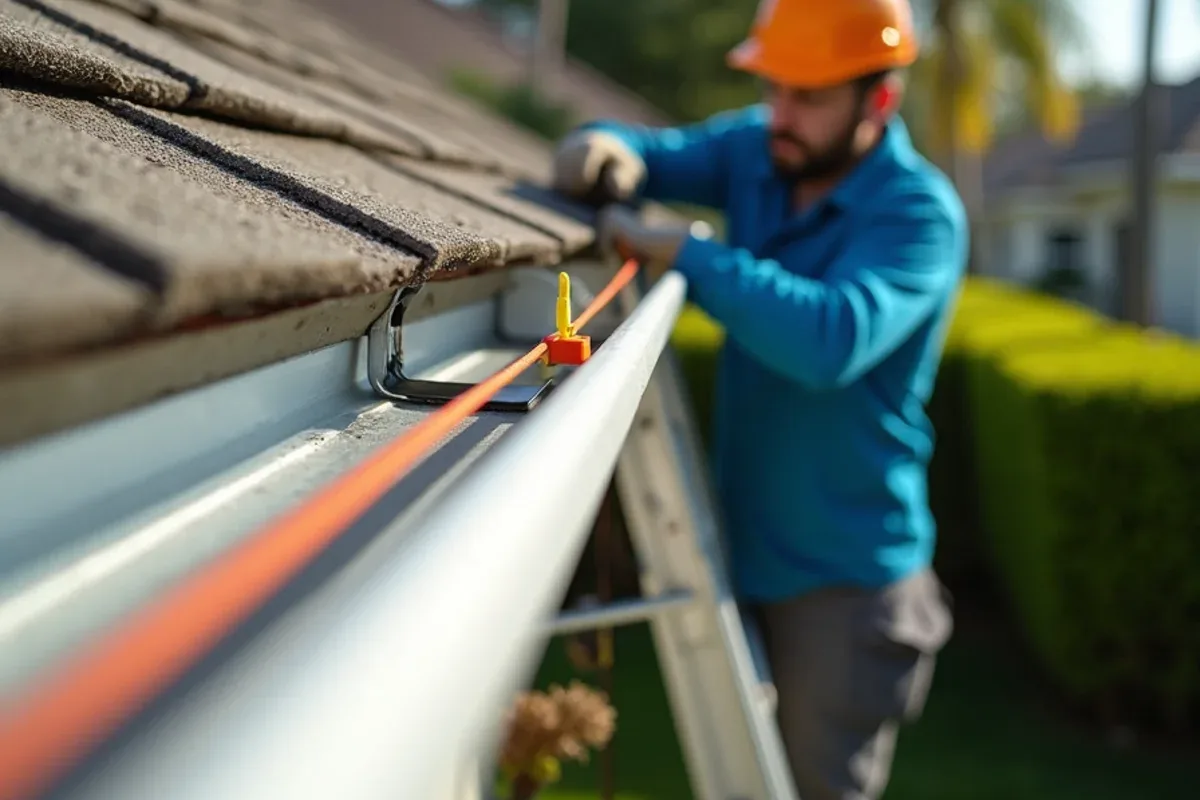 Taut string line stretched along a gutter run to measure pitch toward the downspout