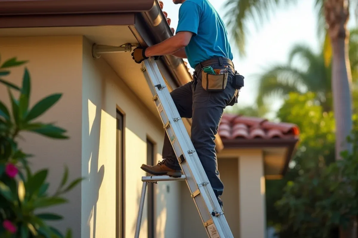 Extension ladder with standoff stabilizer set below a barrel tile roof gutter for repair access