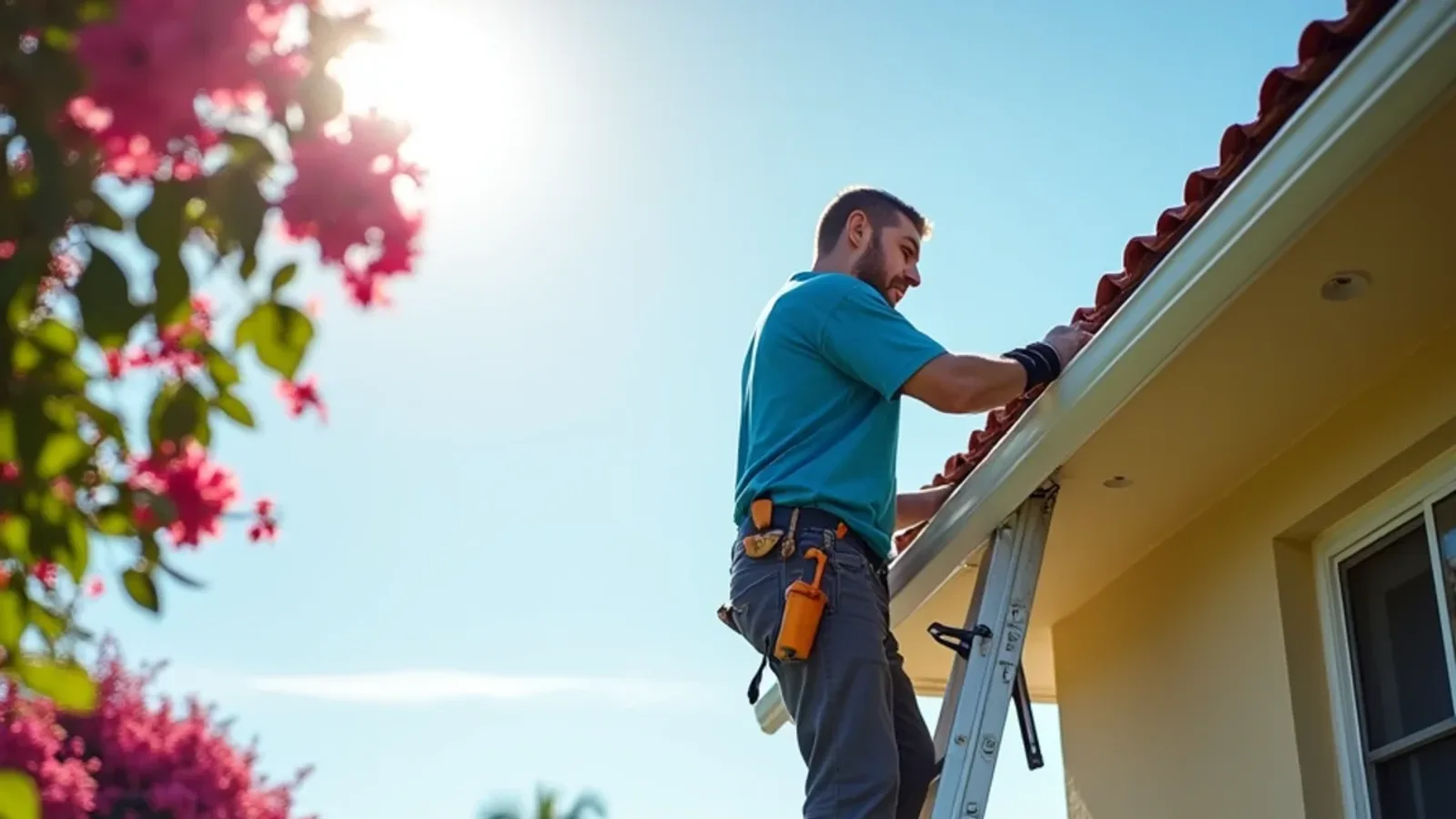 Gutter repair technician on a standoff ladder riveting a new end cap onto a seamless gutter on a tile roof home
