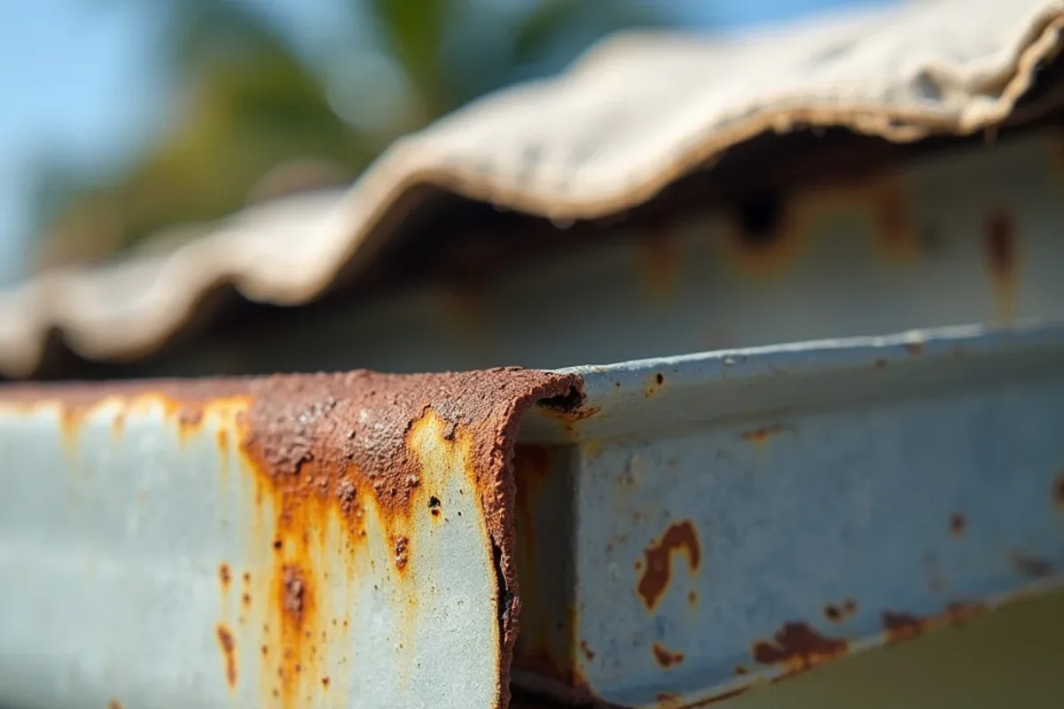 Close view of a rusted galvanized steel gutter seam with orange streaks running down