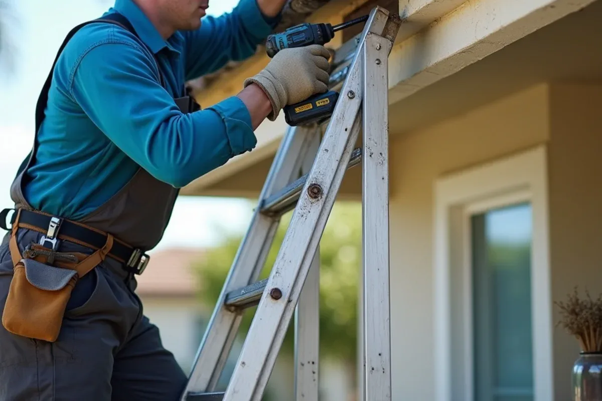 Worker unscrewing an old sectional gutter and spike hangers from a weathered fascia board
