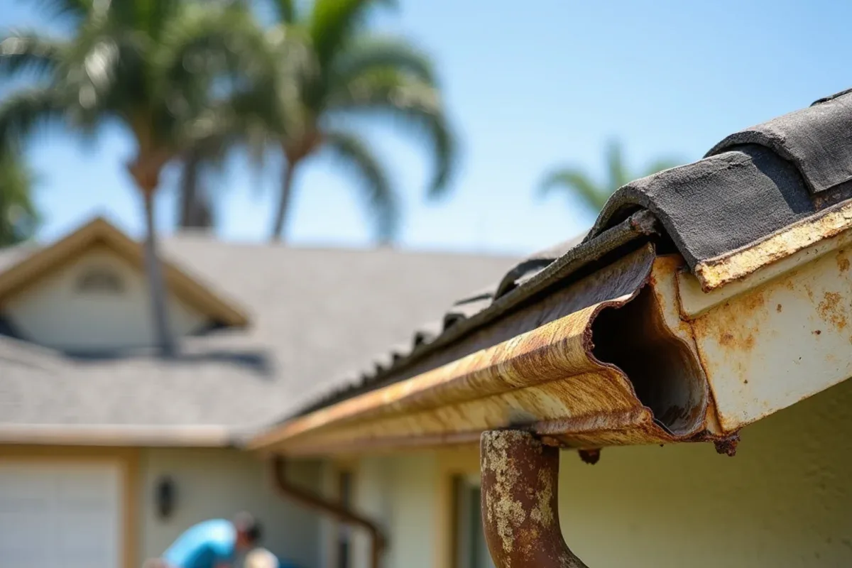 Faded, rust-streaked sectional gutters with drooping joints on a CBS ranch home before gutter replacement
