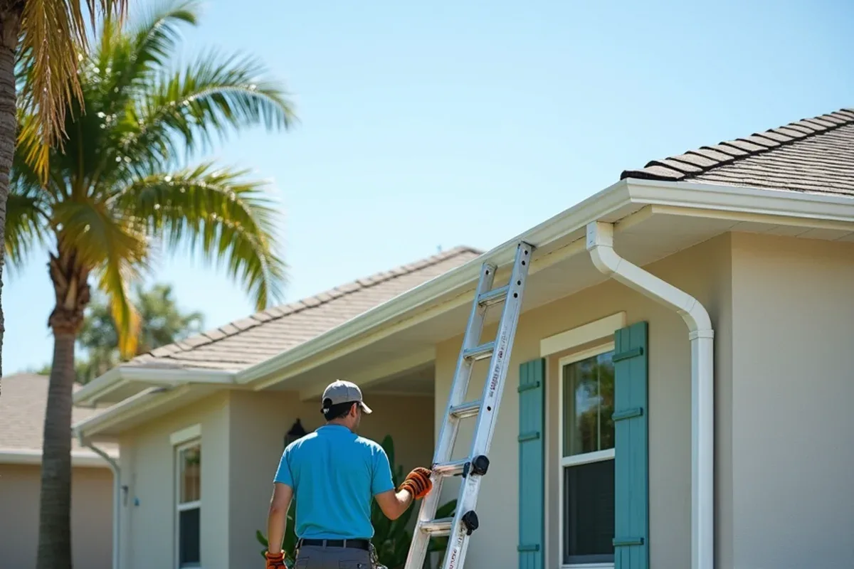 New white seamless gutters and a 3x4 downspout on a CBS ranch home after full gutter replacement