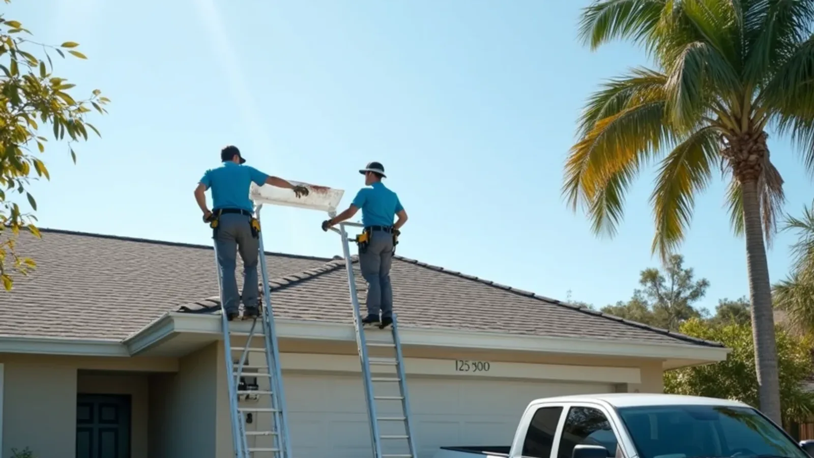 Crew taking down rusted sectional gutters before installing new seamless aluminum replacement runs