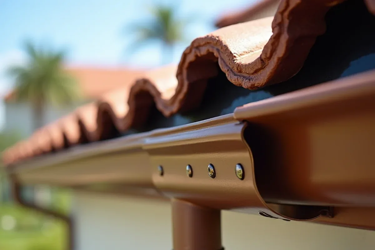Row of exposed decorative brackets supporting a bronze half-round gutter on fascia