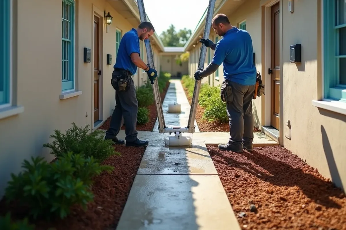 Shared downspout between two attached villa units overflowing into a planter bed