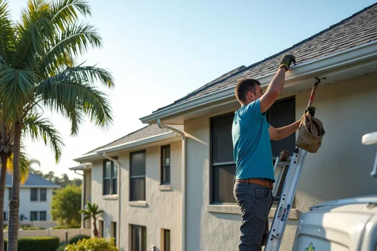 Worker clearing rear gutters on a row of two-story townhomes beside screened patios