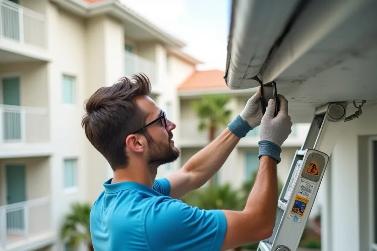 Technician photographing a cleaned condo gutter outlet to log the building record