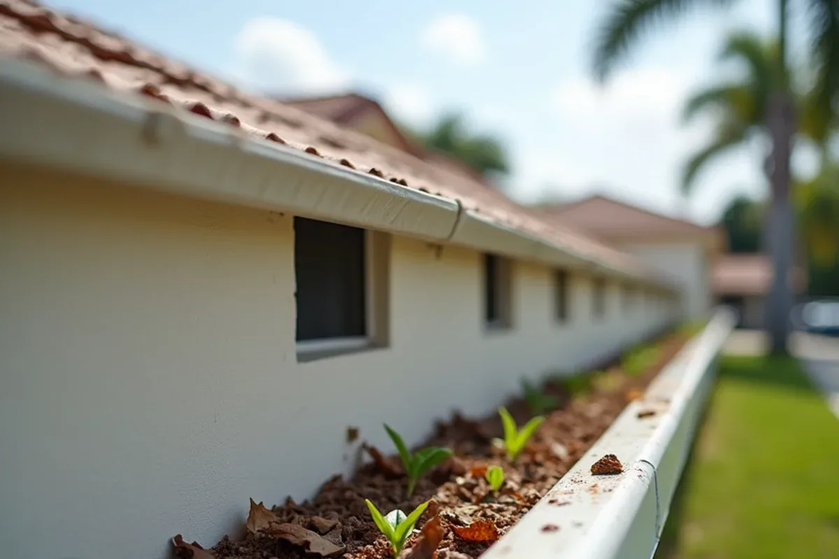 Before HOA gutter cleaning: leaf-packed gutters with weed seedlings along a row of one-story villas