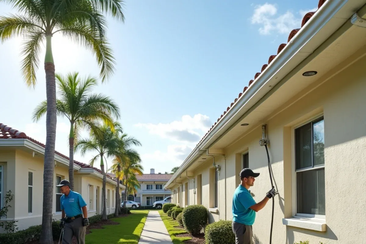 After HOA gutter cleaning: clear white gutters and clean fascia on the same style of villa row