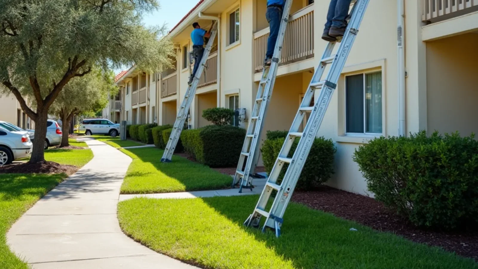Crew cleaning gutters along a two-story condo building with a barrel tile roof