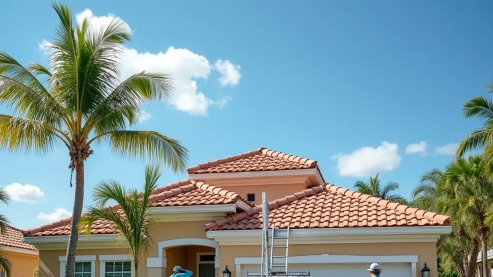 Seamless gutter run peeled away from the fascia by hurricane winds on a tile-roof home