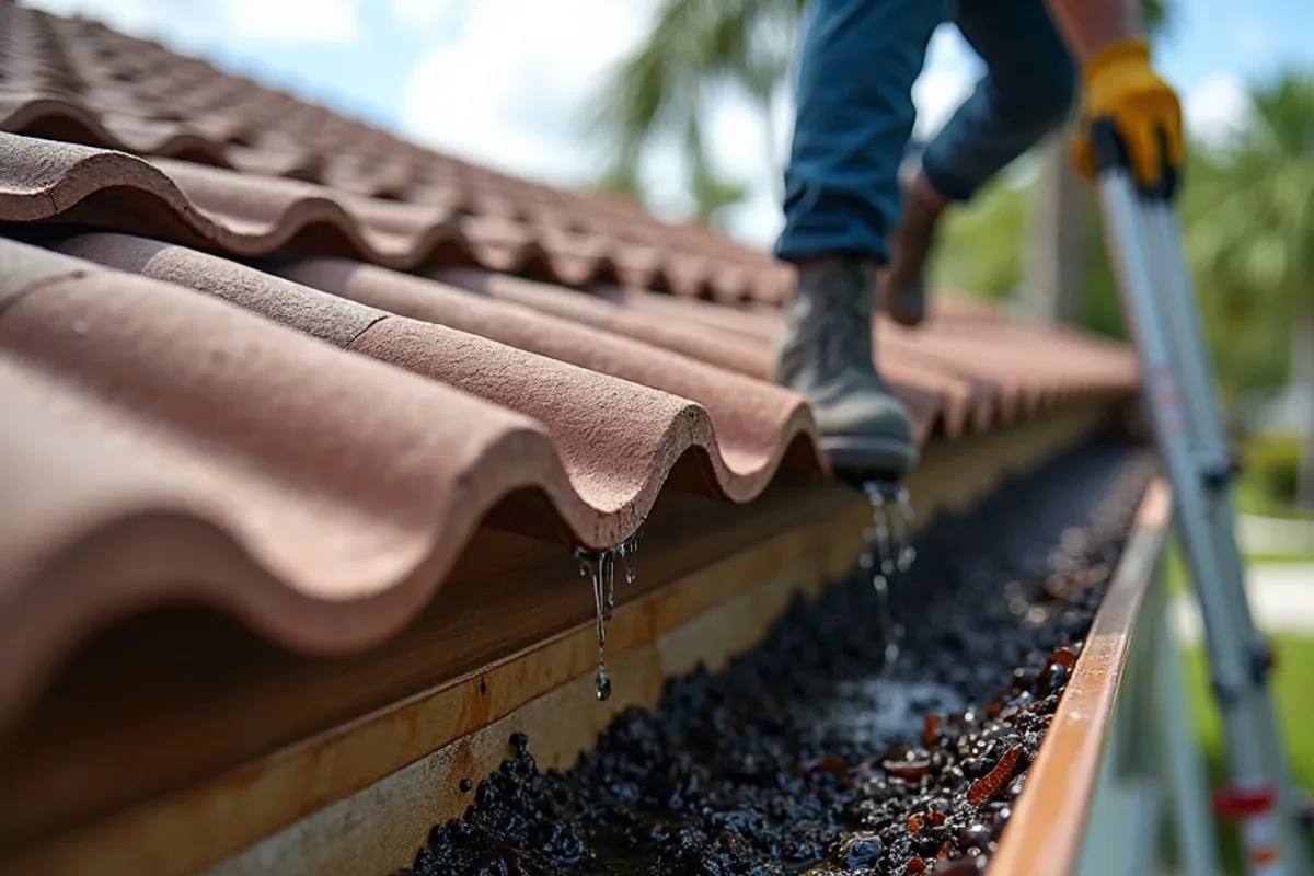 Packed black olive leaves forming a wet debris dam inside a gutter inside corner