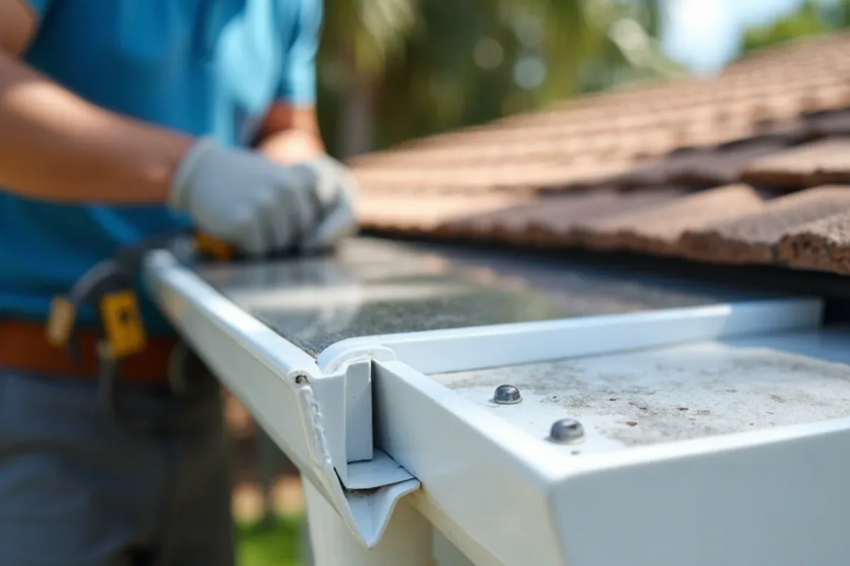 Freshly riveted gutter end cap with a clean bead of new sealant on a white gutter