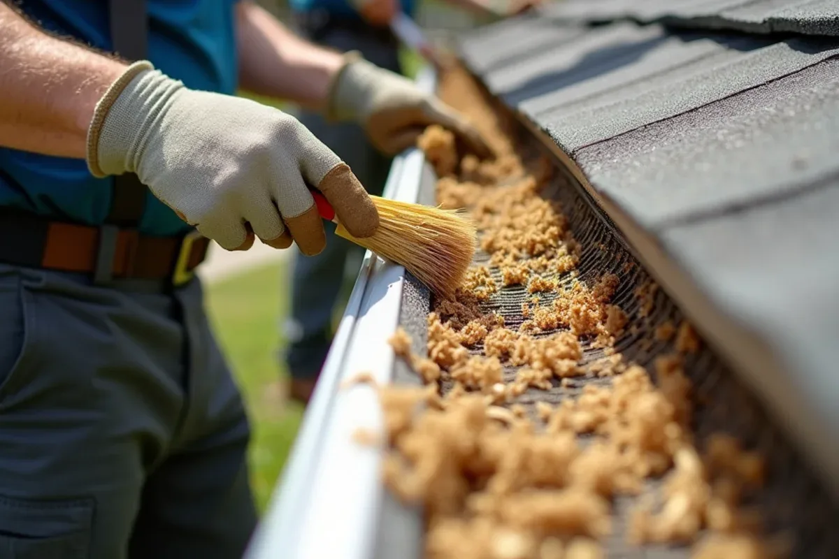 Live oak tassels and yellow pollen collected on top of a stainless mesh gutter guard