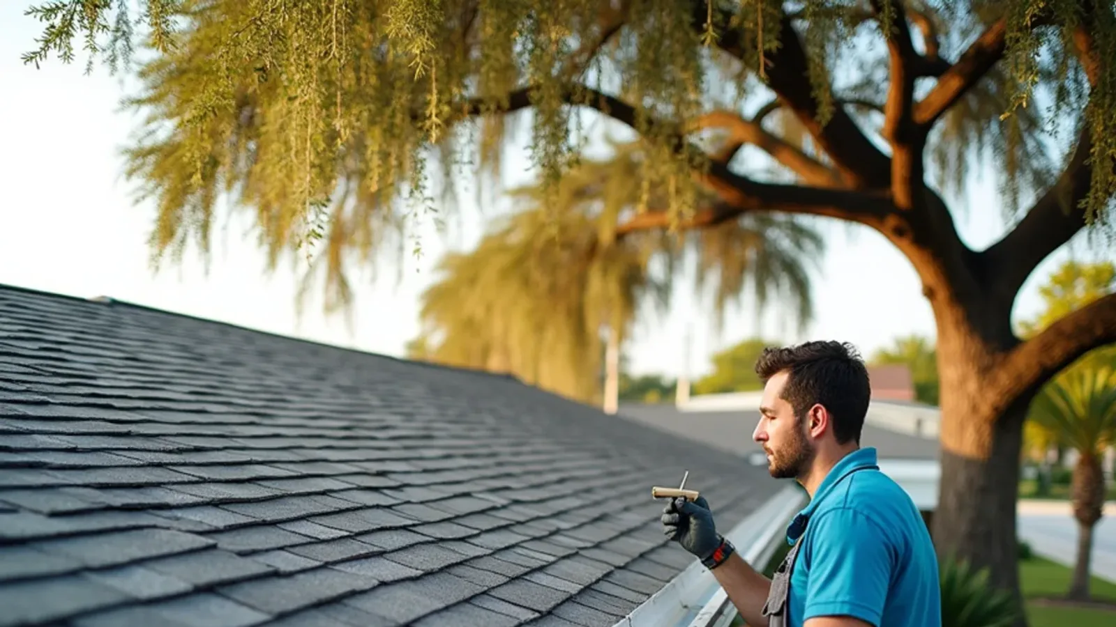 Long roofline fitted with micro-mesh gutter guards under a live oak and queen palm canopy