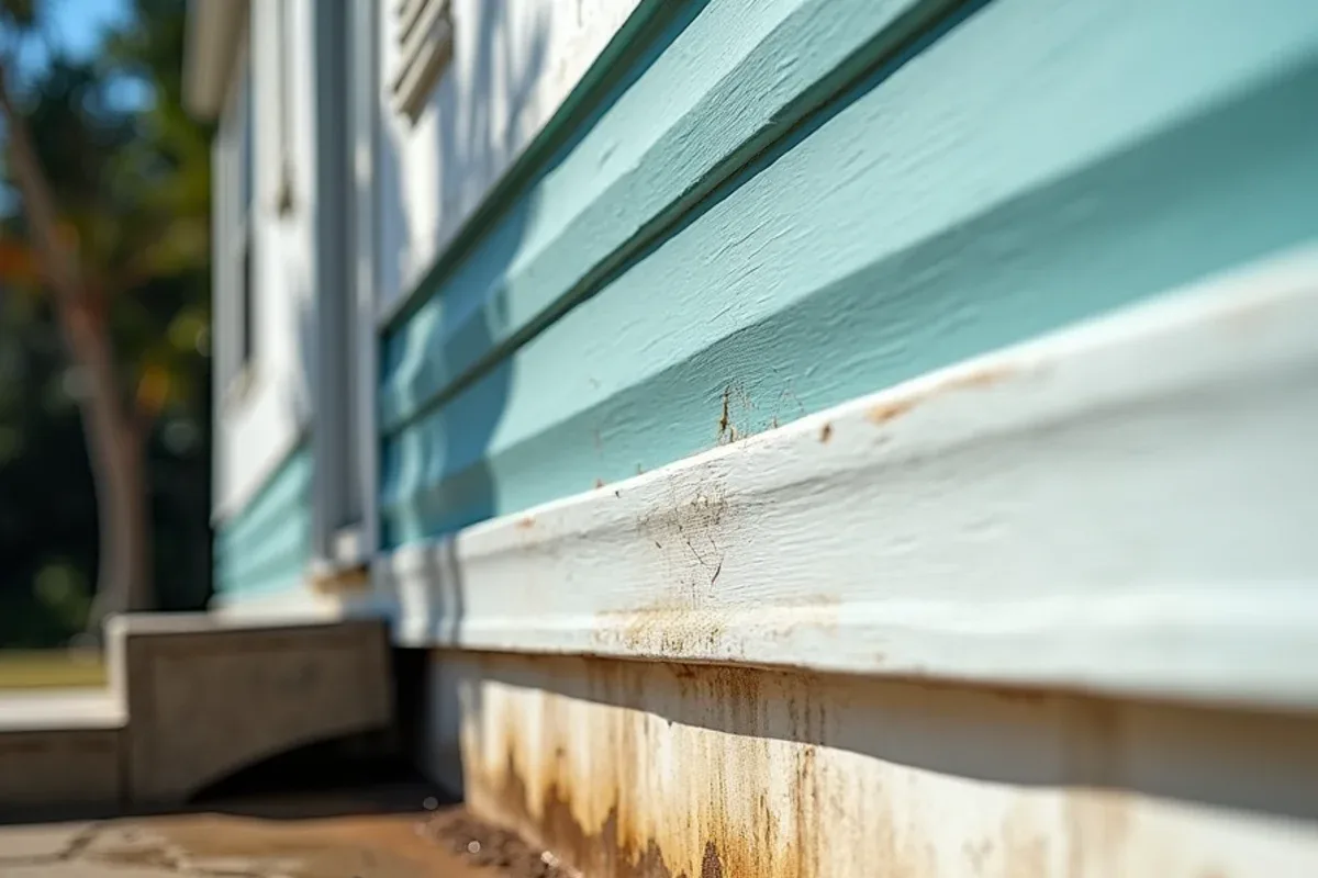 Water-stained vinyl skirting directly below the roof edge of a manufactured home without gutters