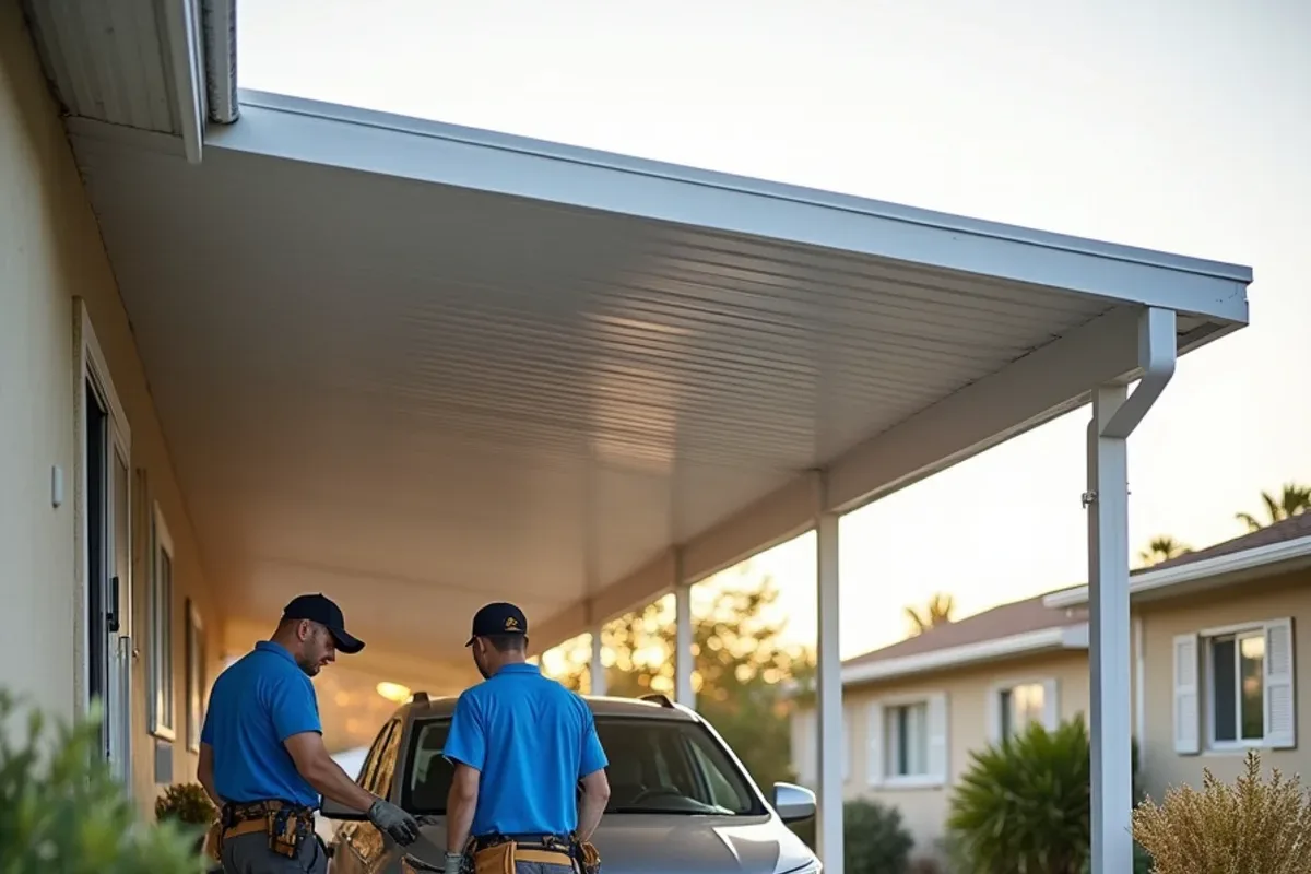 Gutter on the low edge of an aluminum carport pan roof with a downspout on a post