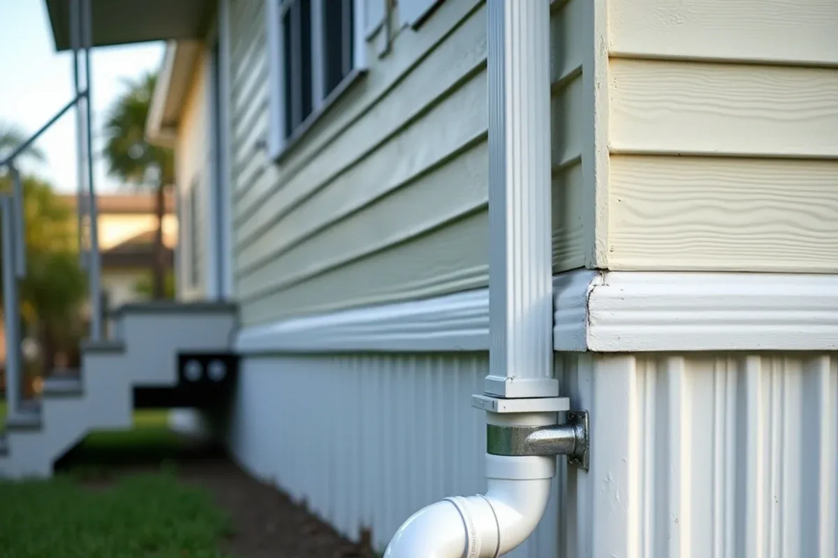 Strapped downspout and extension directing water away from mobile home entry steps