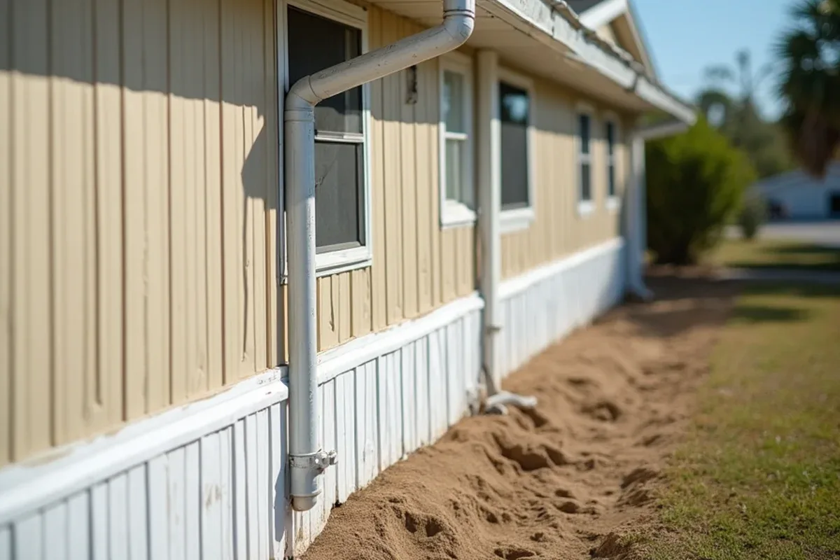 Before mobile home gutter repair: old gutter sagging off the roof edge of a single-wide home