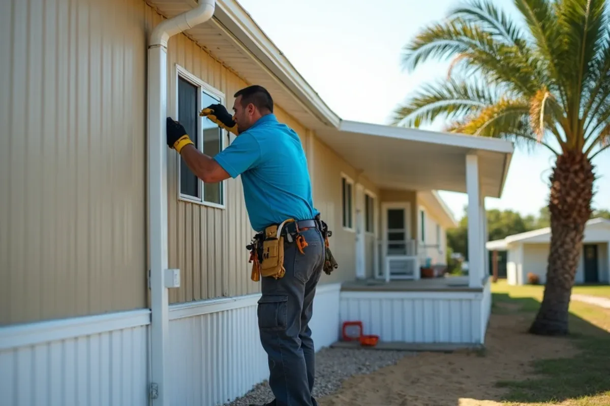 After mobile home gutter repair: straight lightweight gutter and strapped downspout on a single-wide home