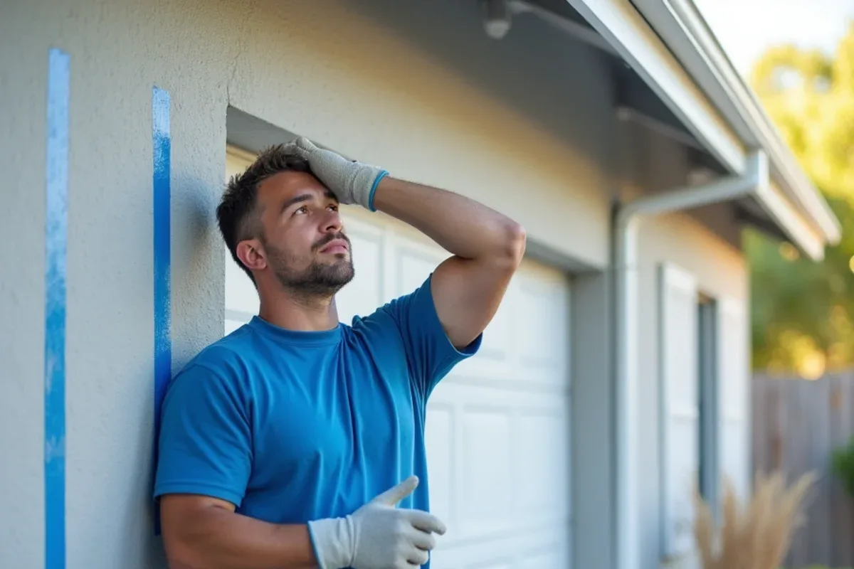 Installer marking planned downspout locations with tape on a new stucco wall
