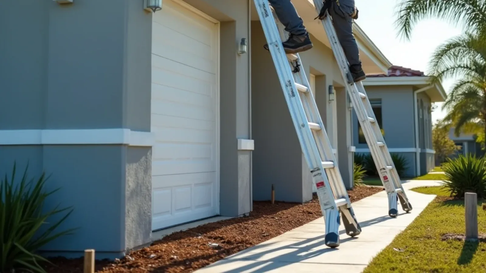 Crew hanging seamless gutters on a just-finished two-story new construction home with fresh sod