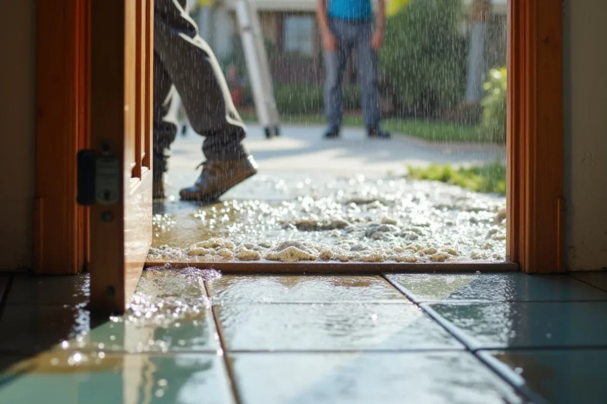 Gutter overflow splashing onto a front door threshold during an afternoon storm