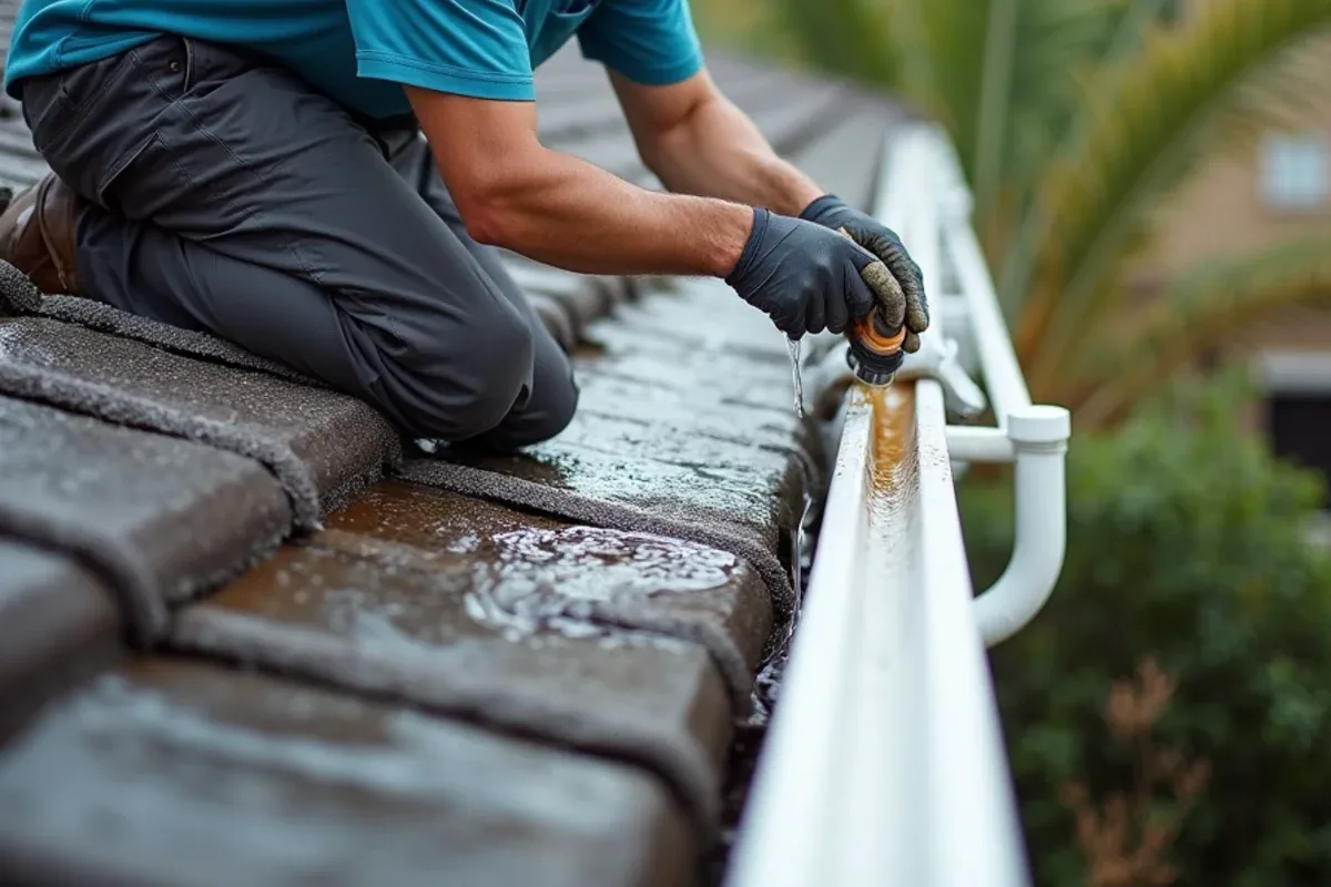 Worker flushing a clogged downspout with a hose fed into the gutter outlet