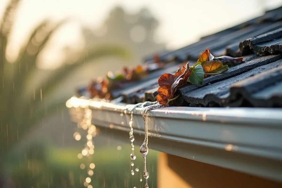 Before overflowing gutter service: rain spilling over a clogged gutter lip on a one-story stucco home