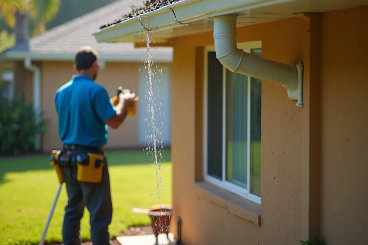 After overflowing gutter service: the same type of gutter run carrying rain to a flowing downspout