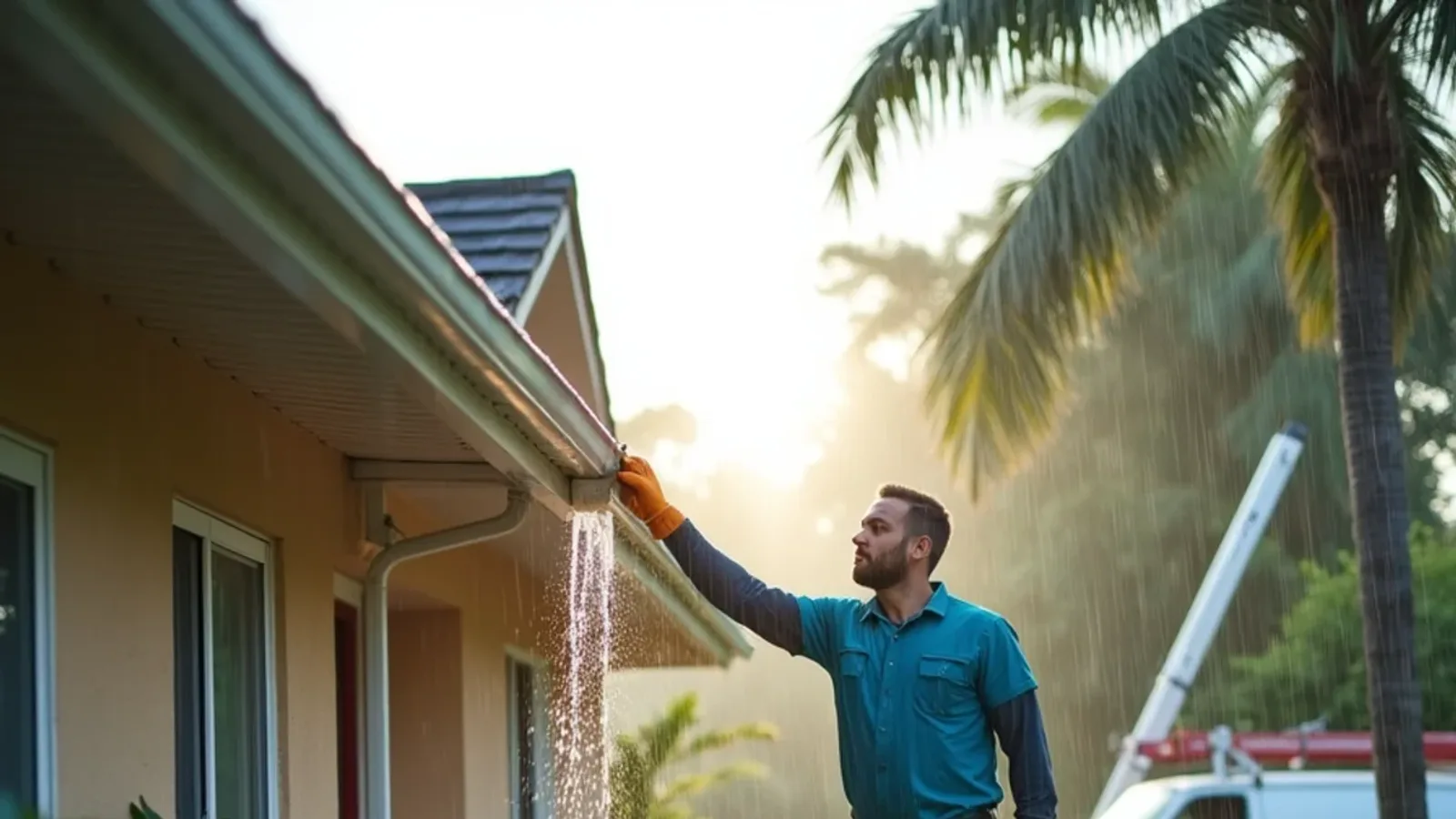Rainwater sheeting over the front lip of a clogged gutter during a heavy downpour