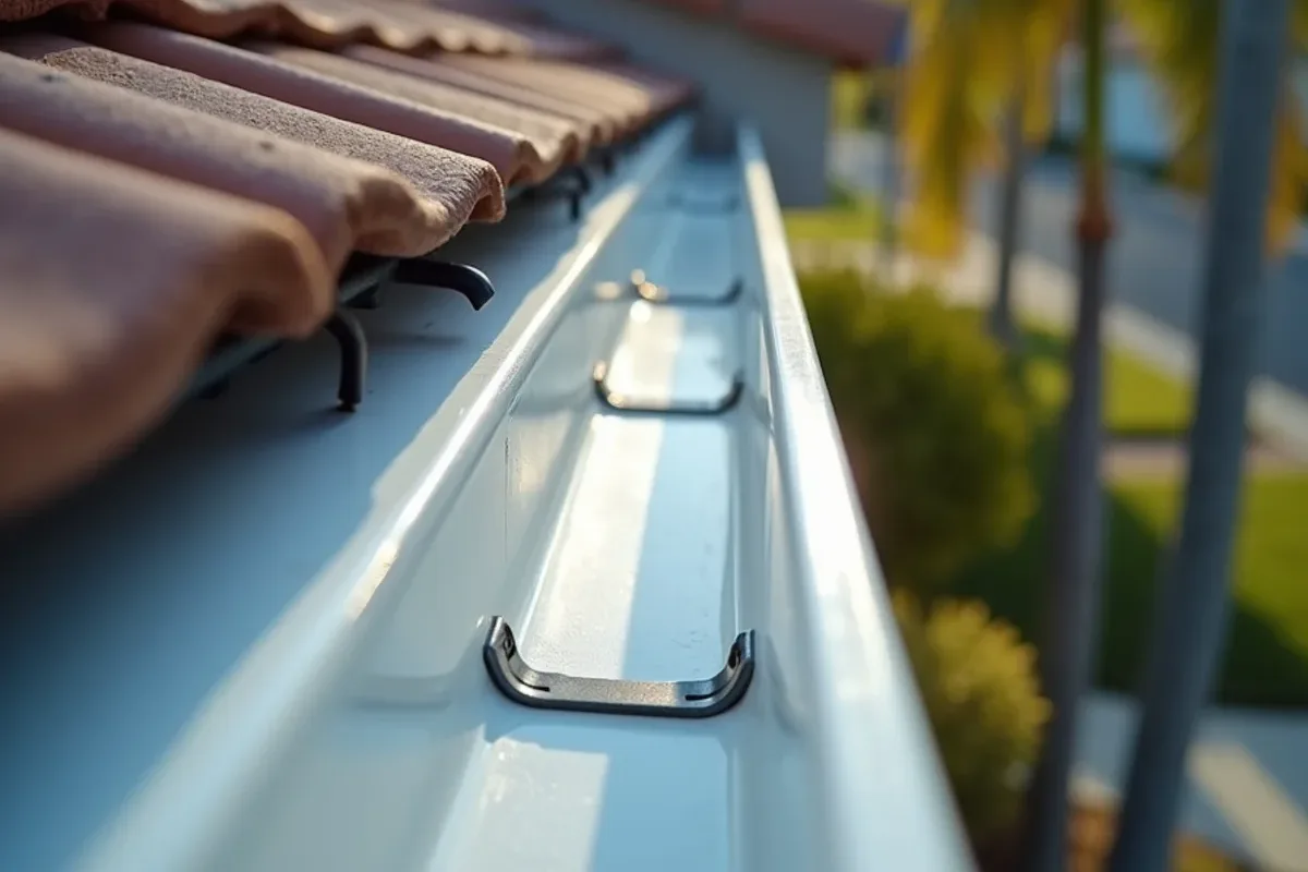 Hidden hangers set on close spacing inside a wide aluminum gutter on fascia