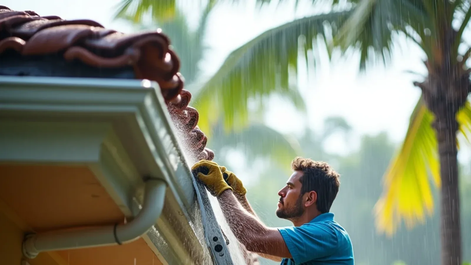Six-inch seamless gutter catching heavy summer rain off a barrel tile roof in South Florida