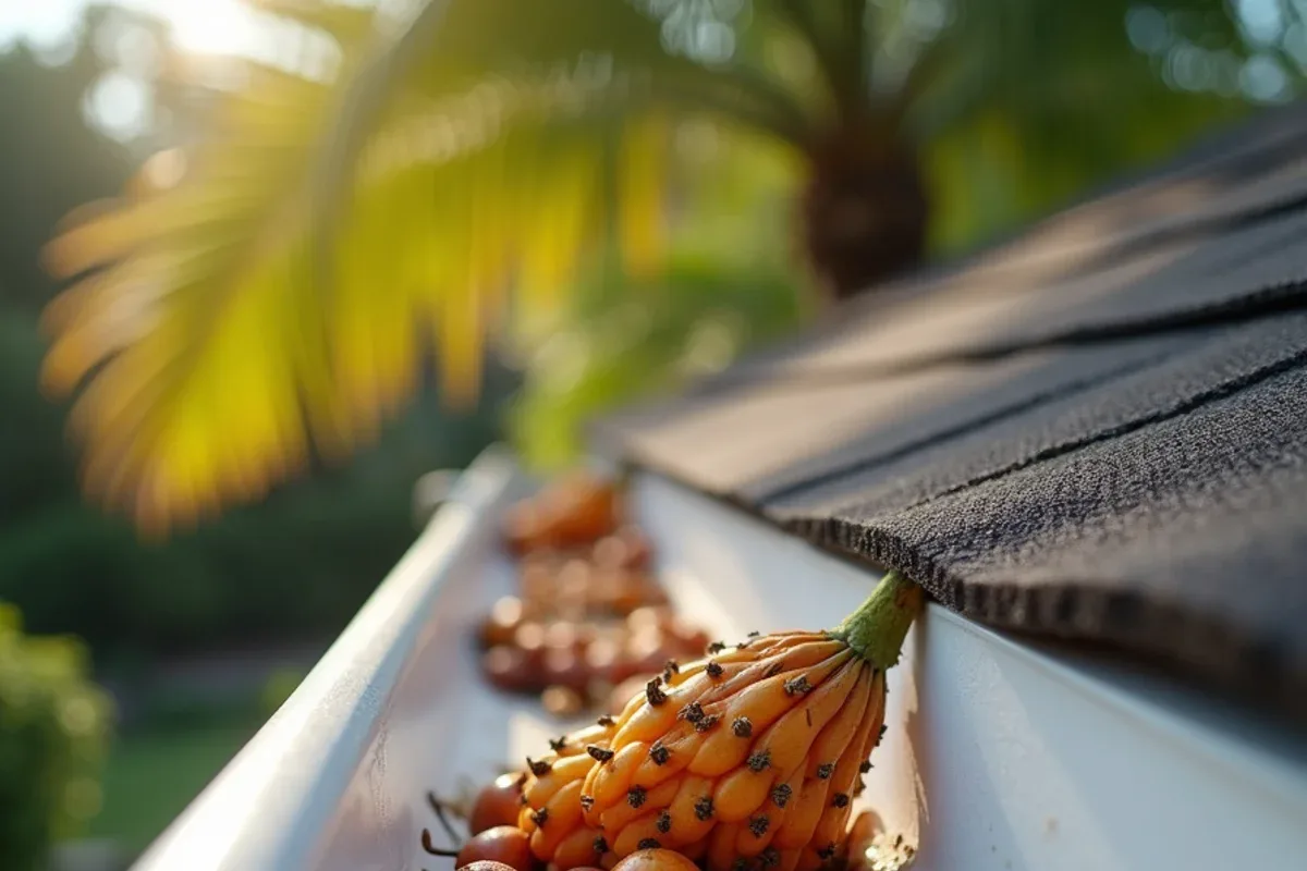 Fallen queen palm seed cluster with orange fruit lying in a white gutter trough