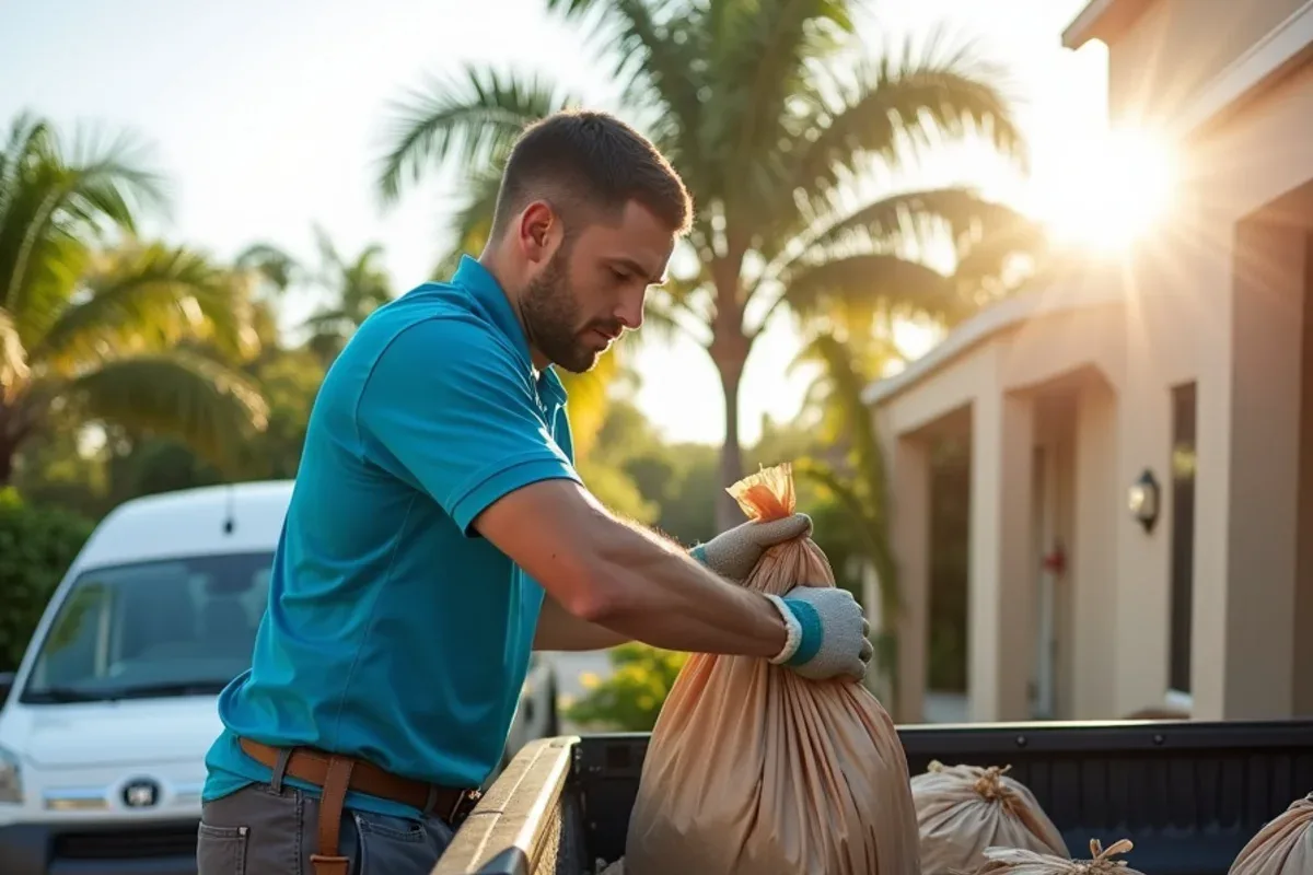 Bagged palm fronds and gutter debris loaded into a white pickup for haul-away