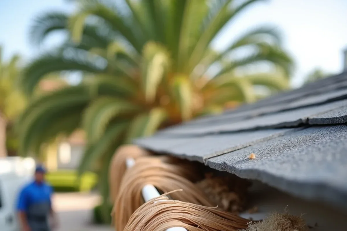 Before palm frond debris removal: brown fronds and seed stalks draped over a gutter on a stucco home