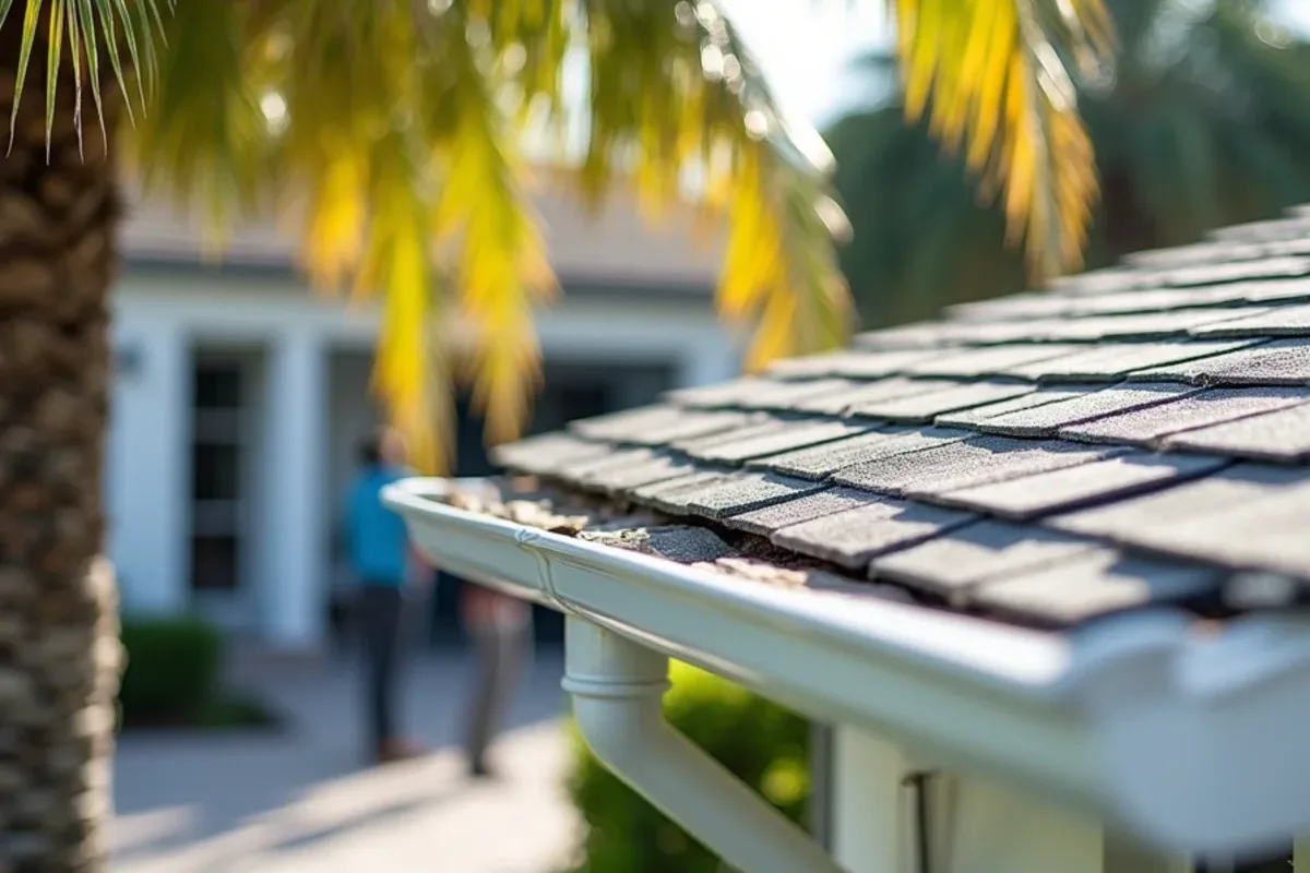 After palm frond debris removal: clear shingle roof edge and empty gutter under royal palms