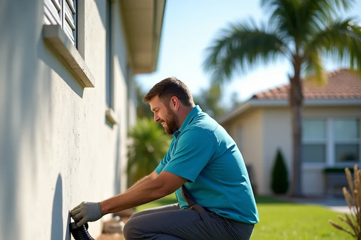 Homeowner removing a plastic downspout extension and splash block before a storm