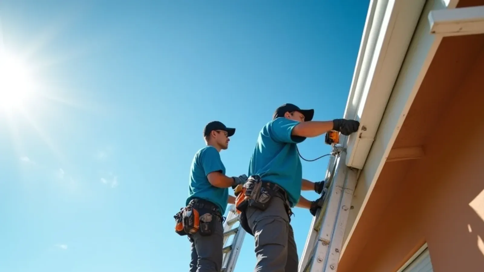 Crew tightening gutter hangers on a peach stucco home during pre-hurricane gutter prep