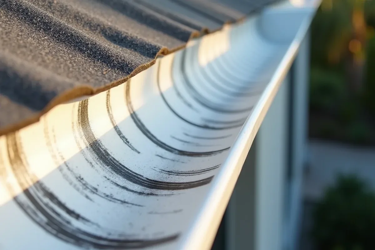 Close view of dark vertical tiger stripes streaked down the face of a white gutter