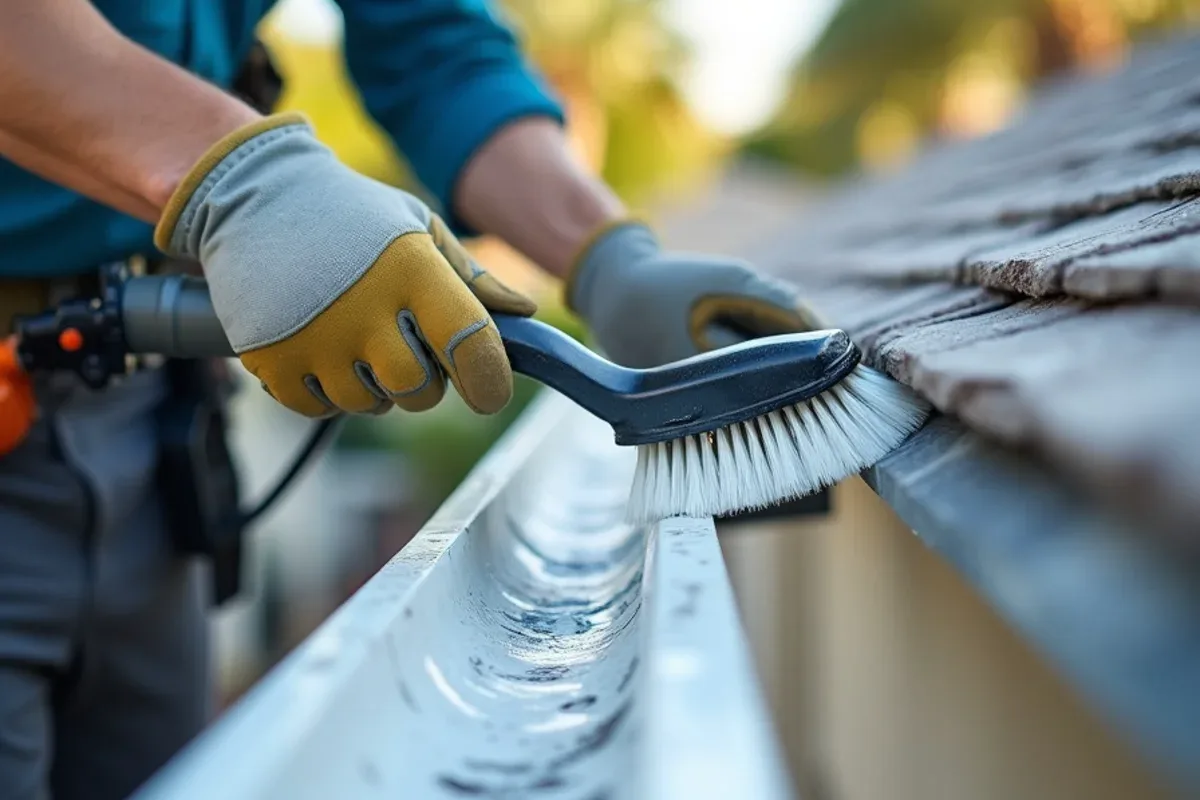 Soft brush working foamy gutter cleaner across a streaked white gutter during gutter whitening