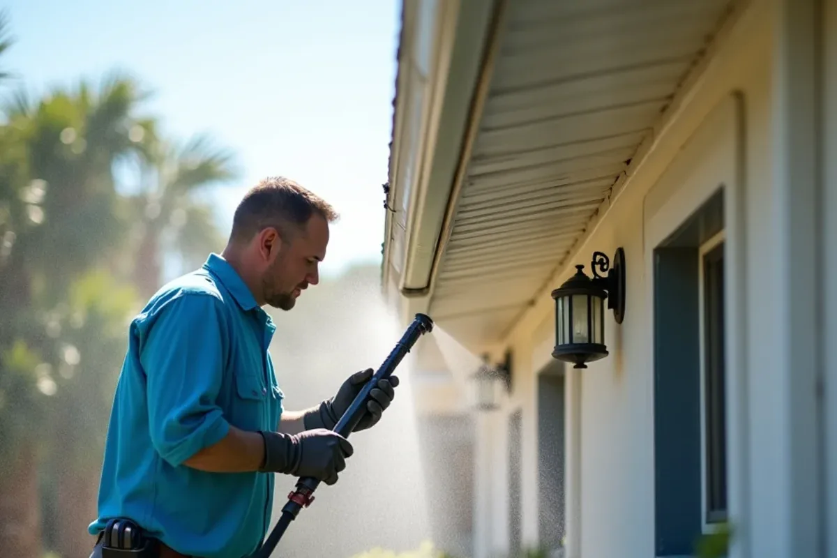 Low-pressure rinse washing mildew film off a white vented aluminum soffit