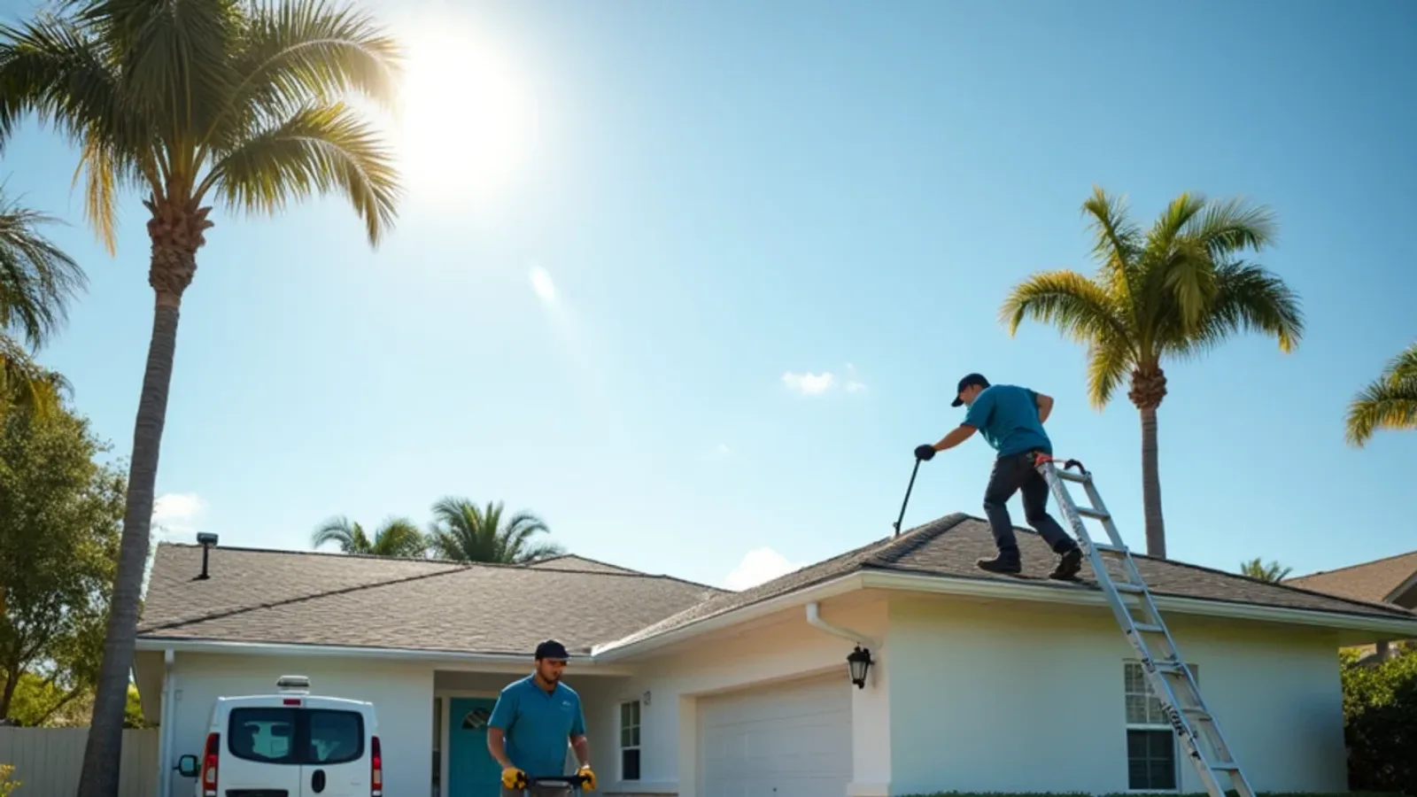 Pressure cleaning a paver driveway while a streaked gutter face is hand-whitened on a stucco home