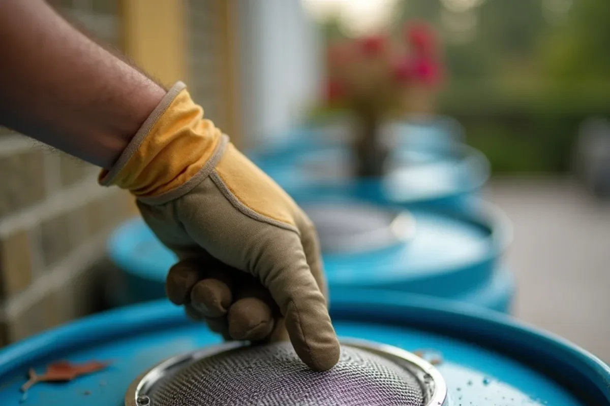 Close view of fine mosquito mesh sealed over a rain barrel inlet fitting