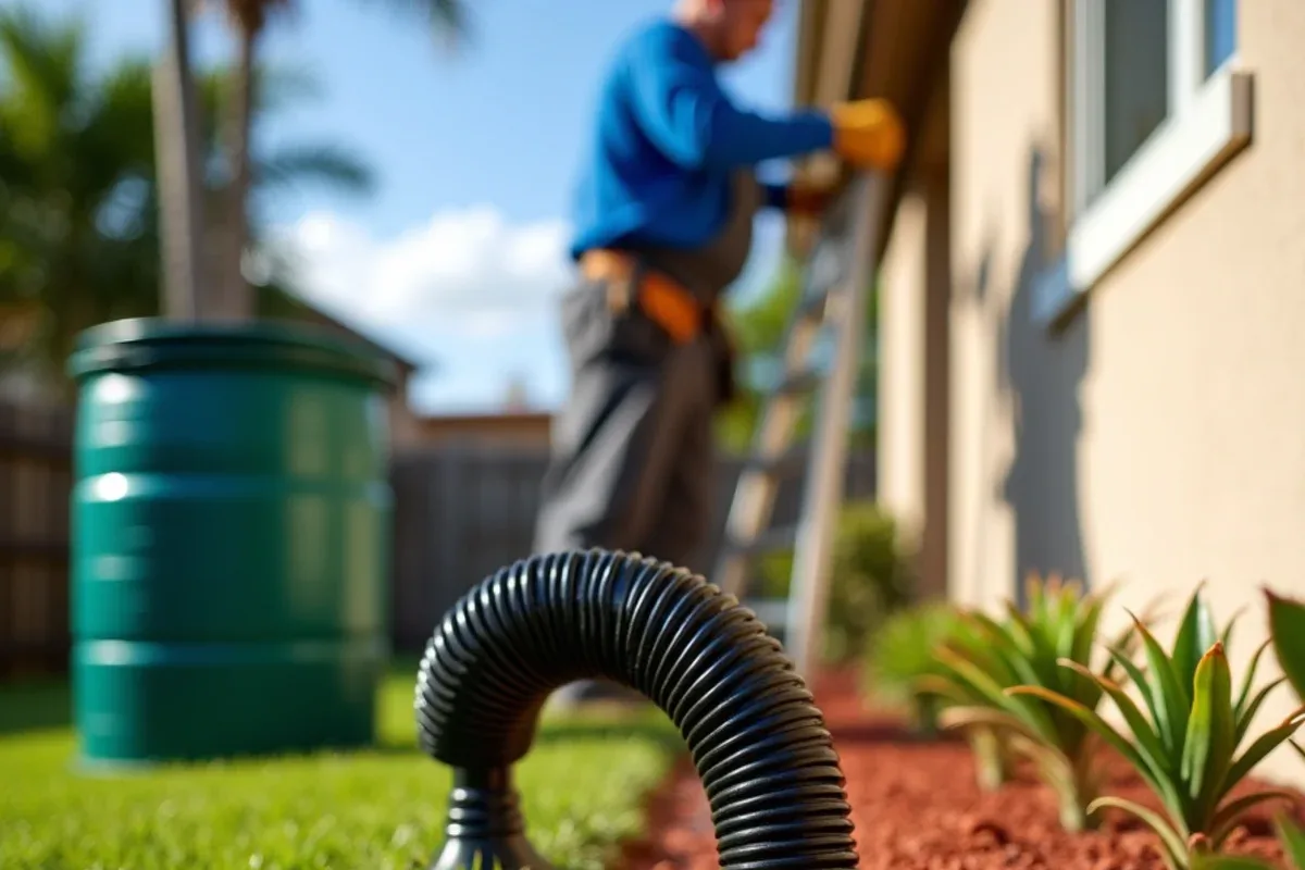 Rain barrel overflow hose running across mulch to a lawn sloping away from the house